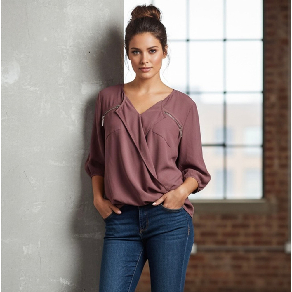 2B Bebe Mauve 3/4 Sleeve Faux Wrap Zipper Front Career Blouse Size Large